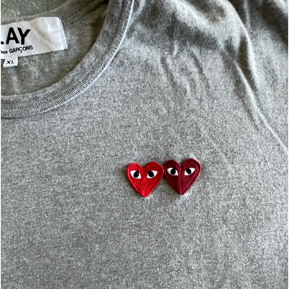 Comme des Garcons PLAY Gray Tee with Red and Burgundy Heart Logos